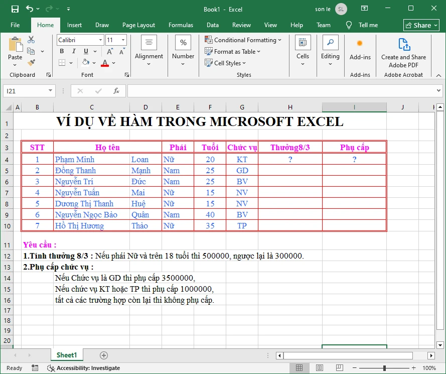 Sử dụng hàm SWITCH trong Excel