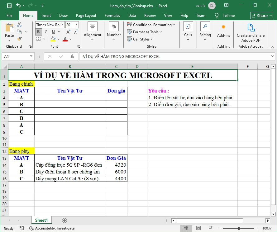 Sử dụng hàm VLOOKUP để dò tìm dữ liệu trong Excel