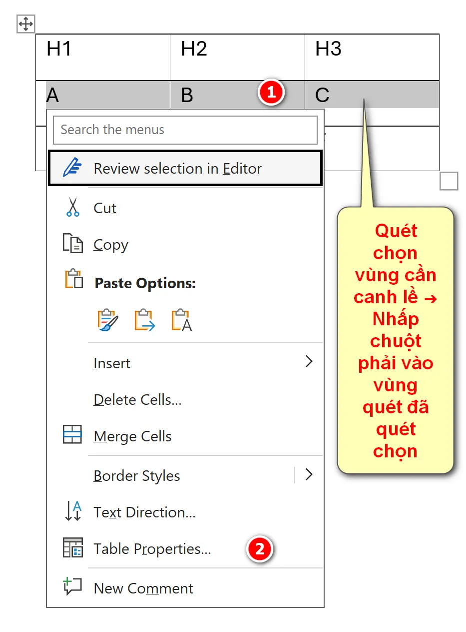 Canh lề nội dung trong ô của bảng trong Word