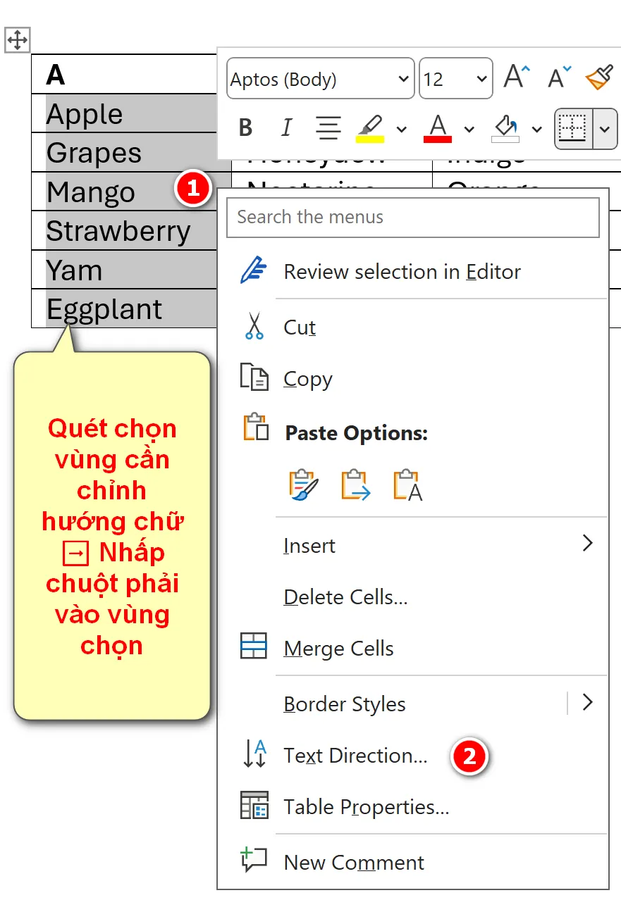 Thay đổi hướng chữ trong ô của bảng trong Word